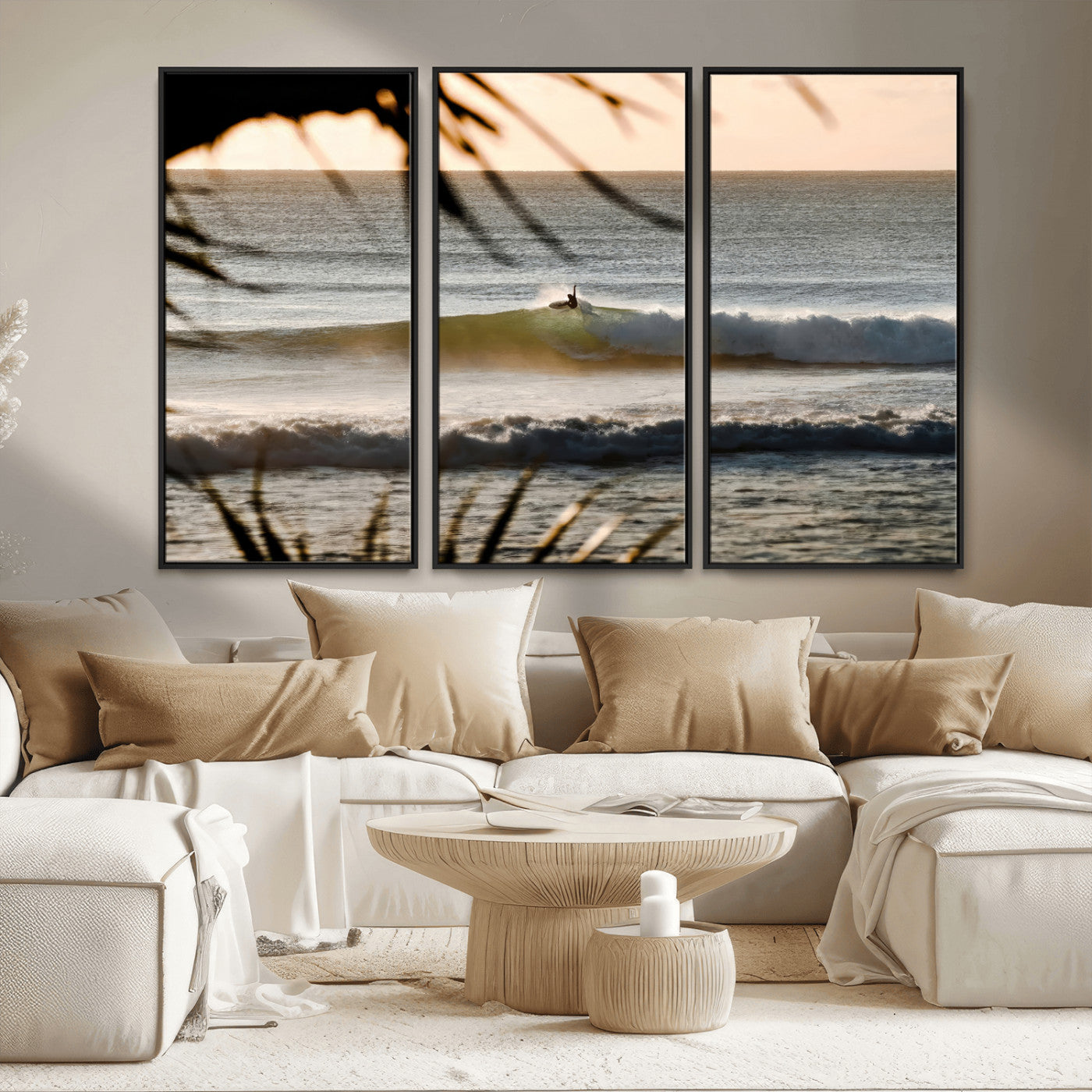 24896468-MGV-CV-36X24-Sunset Surf Wall Art Canvas Print, Framed Golden Waves Art Picture Print, Tropical Ocean Perfect Tropical Boho Decor Artwork