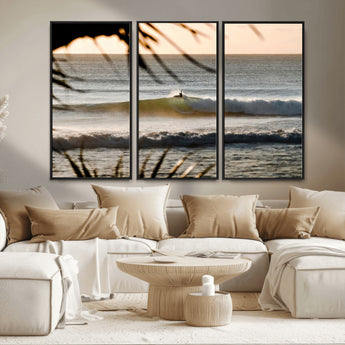 24896468-MGV-CV-36X24-Sunset Surf Wall Art Canvas Print, Framed Golden Waves Art Picture Print, Tropical Ocean Perfect Tropical Boho Decor Artwork