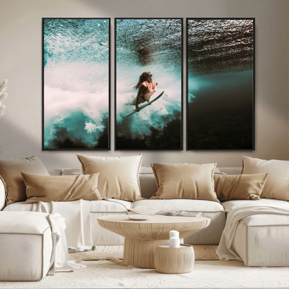 85923512-MGV-CV-36X24-Aquatic Motion Wall Art Canvas Print, Framed Underwater Swimming Art Picture Print, Female Surfer Diving Perfect Coastal Boho
