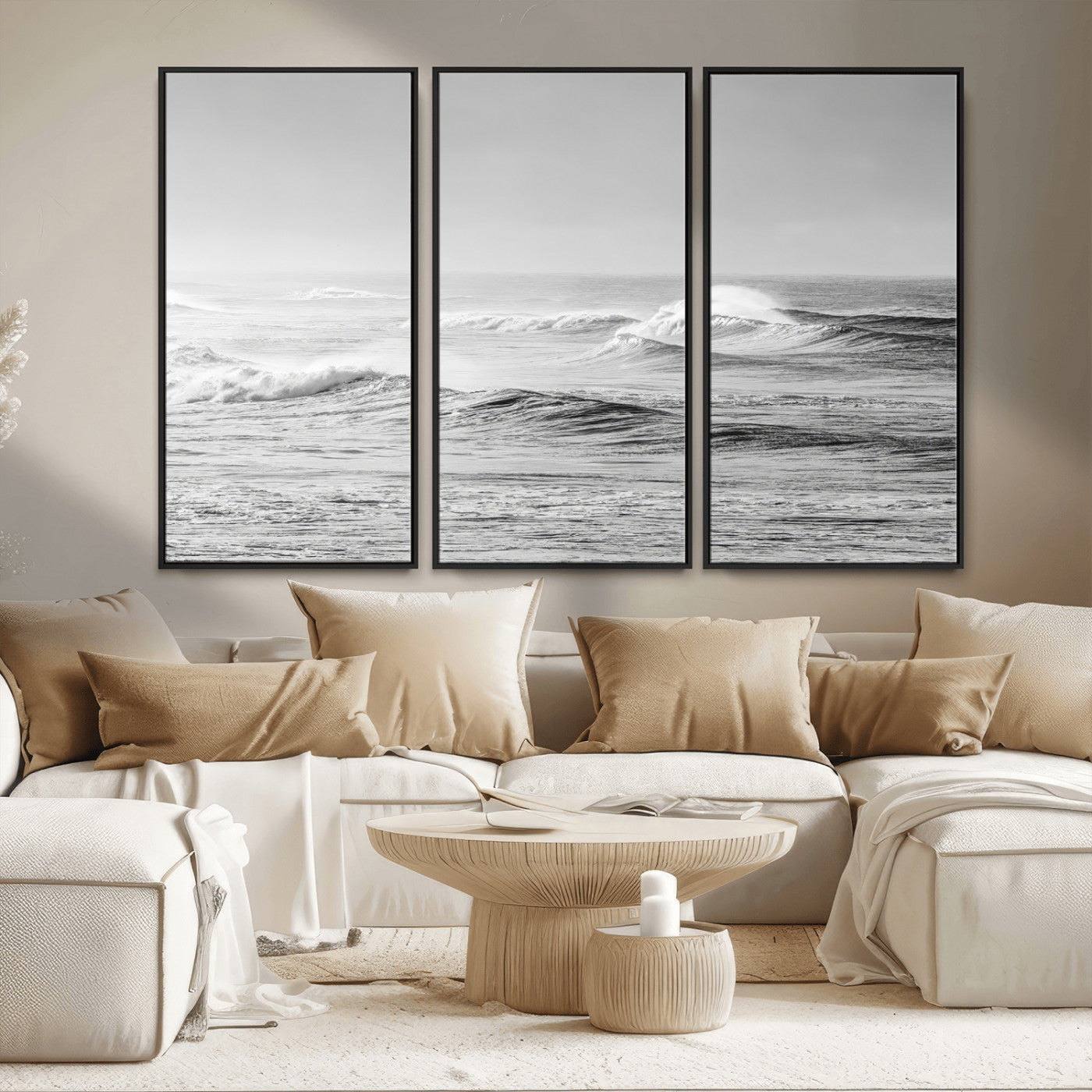 98634812-MGV-FC-48X32-3P_Black-Black and White Ocean Waves Wall Art – Minimalist Sea Canvas Print, Coastal Photography Decor for Living Room, Bedroom or Office