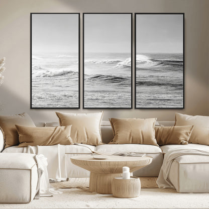 98634812-MGV-FC-48X32-3P_Black-Black and White Ocean Waves Wall Art – Minimalist Sea Canvas Print, Coastal Photography Decor for Living Room, Bedroom or Office
