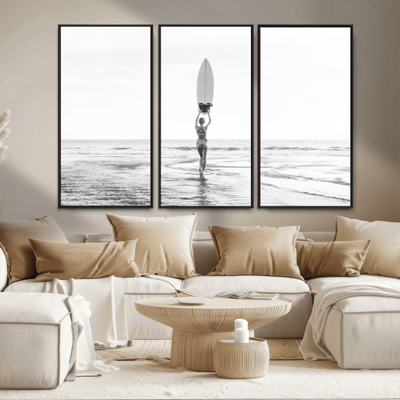 98446901-MGV-FC-48X32-3P_Black-Monochrome Surf Wall Art Canvas Print, Framed Minimalist Surfer Art Picture Print, Surfboard Silhouette Perfect Coastal Minimalist