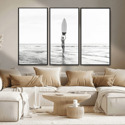 98446901-MGV-FC-48X32-3P_Black-Monochrome Surf Wall Art Canvas Print, Framed Minimalist Surfer Art Picture Print, Surfboard Silhouette Perfect Coastal Minimalist