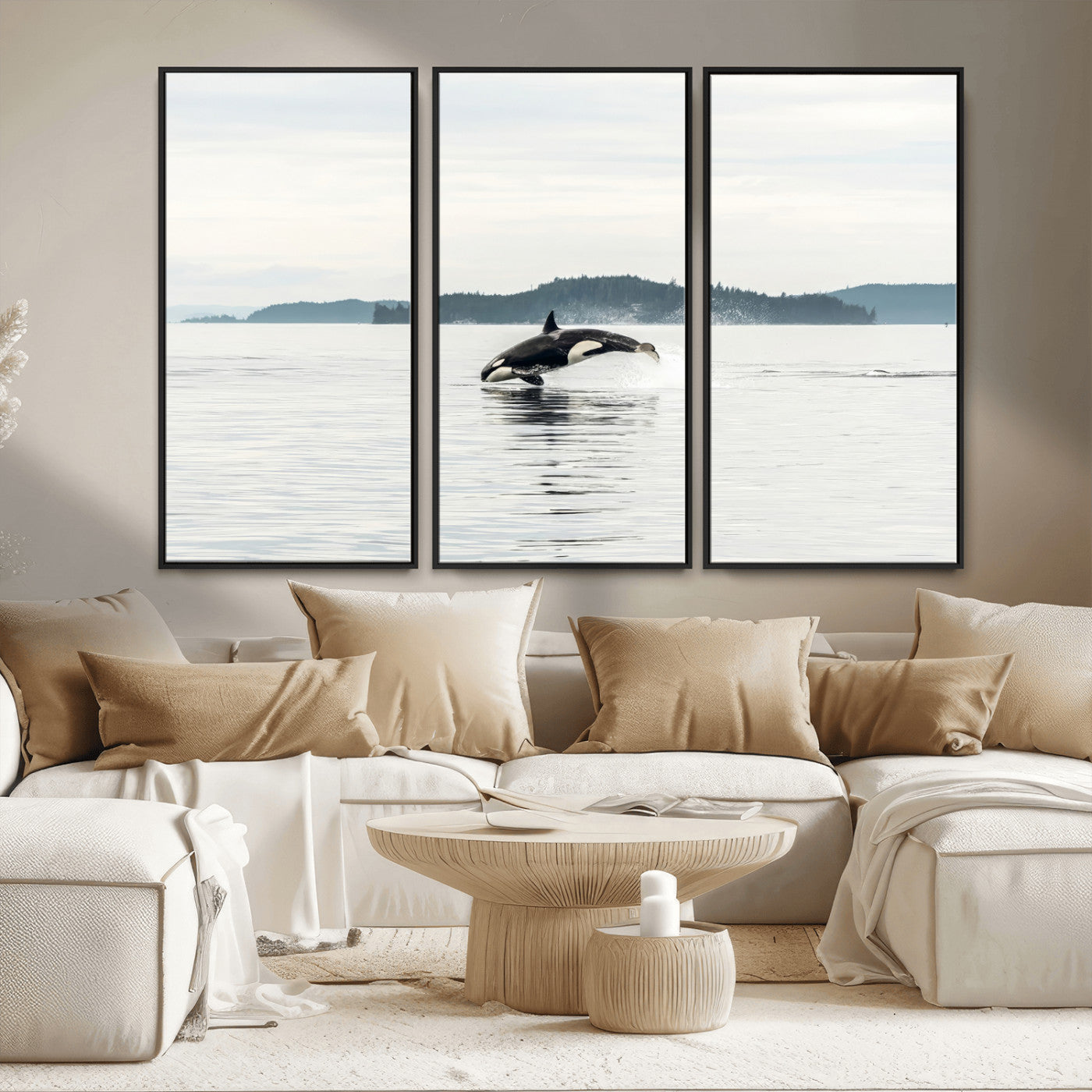 10157174-MGV-CV-36X24-Orca Whale Wall Art Canvas Print, Framed Black White Whale Art Picture Print, Minimalist Ocean Perfect Coastal Minimalist Decor