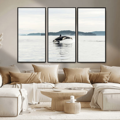 10157174-MGV-CV-36X24-Orca Whale Wall Art Canvas Print, Framed Black White Whale Art Picture Print, Minimalist Ocean Perfect Coastal Minimalist Decor