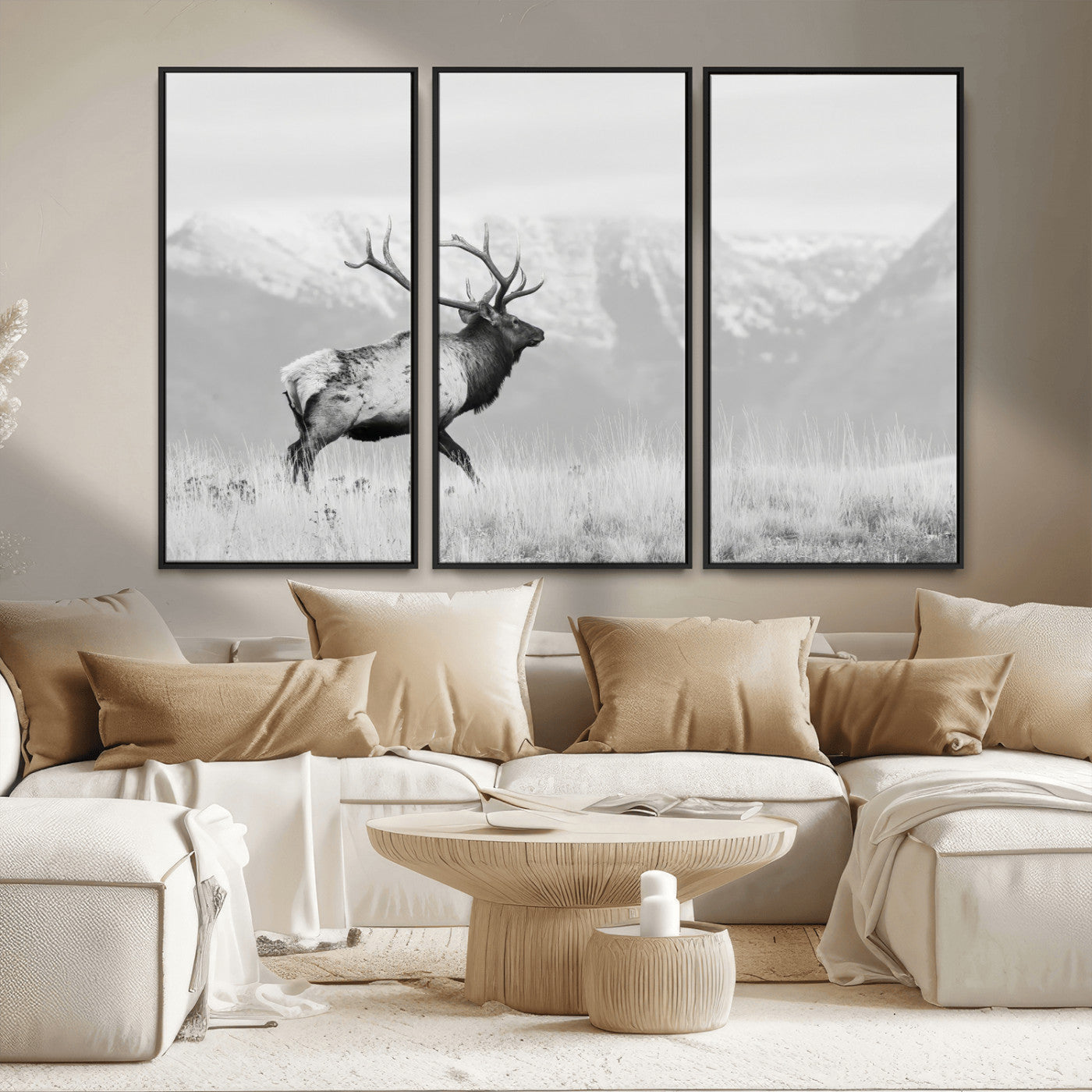 62278753-MGV-CV-36X24-Monochrome Elk Wall Art Canvas Print, Framed Mountain Wildlife Art Picture Print, Rustic Nature Perfect Rustic Minimalist Decor