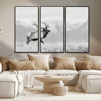 62278753-MGV-CV-36X24-Monochrome Elk Wall Art Canvas Print, Framed Mountain Wildlife Art Picture Print, Rustic Nature Perfect Rustic Minimalist Decor