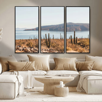 45193515-MGV-CV-36X24-Desert Cactus Wall Art Canvas Print, Framed Baja Coastline Art Picture Print, Coastal Desert Perfect Southwestern Minimalist Decor