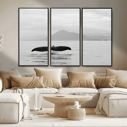 30524220-MGV-FC-48X32-3P_Black-Whale Tail Wall Art Canvas Print, Framed Black White Ocean Art Picture Print, Calm Marine Perfect Minimalist Coastal Decor Artwork
