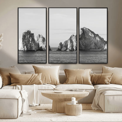 18810731-MGV-FC-48X32-3P_Black-Rugged Coastline Wall Art Canvas Print, Framed Ocean Cliffs Art Picture Print, Monochrome Seascape Perfect Coastal Minimalist