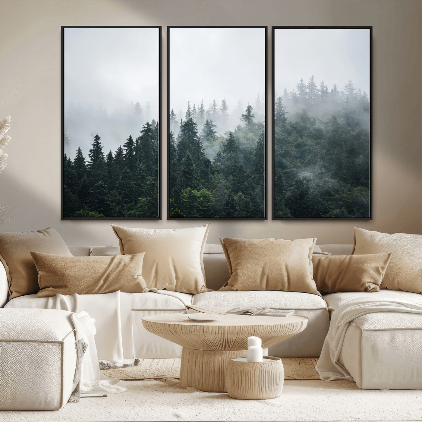 84146572-MGV-FC-48X32-3P_Black-Foggy Pine Trees Wall Art Canvas Print, Framed Forest Nature Art Picture Print, Evergreen Forest Perfect Scandinavian Minimalist
