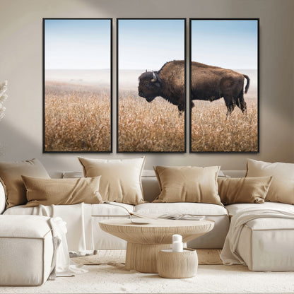 99620201-MGV-CV-36X24-Wild Bison Wall Art Canvas Print, Framed Bison in Prairie Art Picture Print, Rustic Western Perfect Rustic Western Decor Artwork
