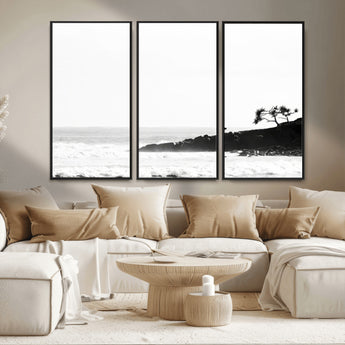 40875891-MGV-CV-36X24-SurferCliffs Wall Art Canvas Print, Framed Black White Beach Art Picture Print, Ocean Waves Perfect Minimalist Coastal Decor