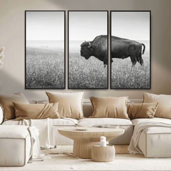 28435251-MGV-CV-36X24-Bison In Prairie Wall Art Canvas Print, Framed Rustic Wildlife Art Picture Print, Wild Buffalo Perfect Rustic Western Decor