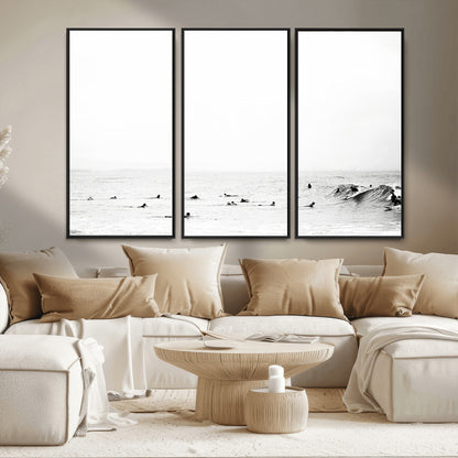 38441169-MGV-FC-48X32-3P_Black-Monochrome Swimming Wall Art Canvas Print, Framed Ocean Horizon Art Picture Print, Moody Coastal Perfect Minimalist Coastal Decor
