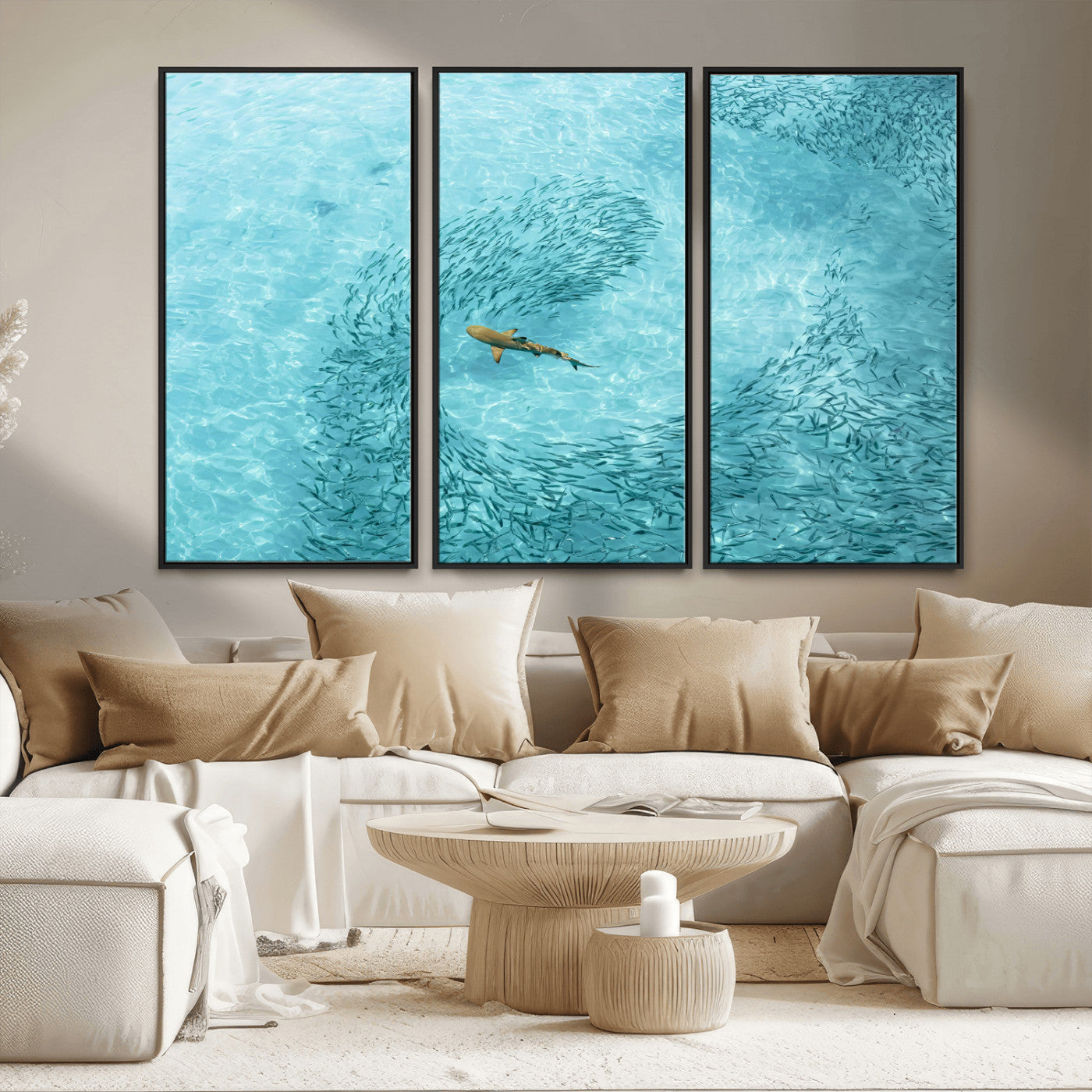 43671474-MGV-CV-36X24-Fish Swarm Wall Art Canvas Print, Framed Marine Life Art Picture Print, Shark Aerial Perfect Wildlife Coastal Decor Artwork