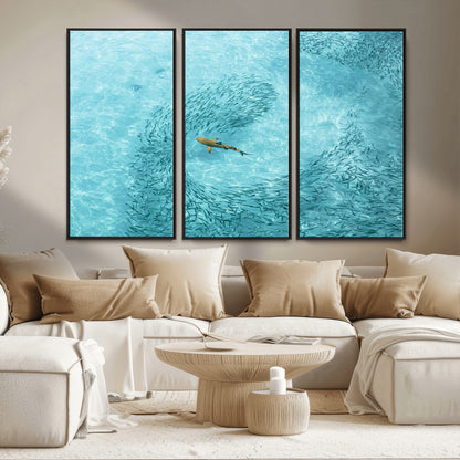 43671474-MGV-CV-36X24-Fish Swarm Wall Art Canvas Print, Framed Marine Life Art Picture Print, Shark Aerial Perfect Wildlife Coastal Decor Artwork