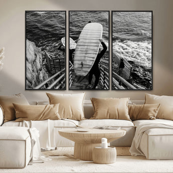 32353707-MGV-CV-36X24-Black White Surfing Wall Art Canvas Print, Framed Coastal Surfing Art Picture Print, Wave Riders Perfect Coastal Adventure Decor