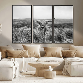 24051061-MGV-FC-48X32-3P_Black-Monochrome Highland Cow Wall Art Canvas Print, Framed Scottish Bull Art Picture Print, Lone Cattle Perfect Rustic Farmhouse Decor
