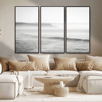 60635783-MGV-CV-36X24-Black White Seascape Wall Art Canvas Print, Framed Ocean Waves Art Picture Print, Misty Coastal Perfect Minimalist Coastal Decor
