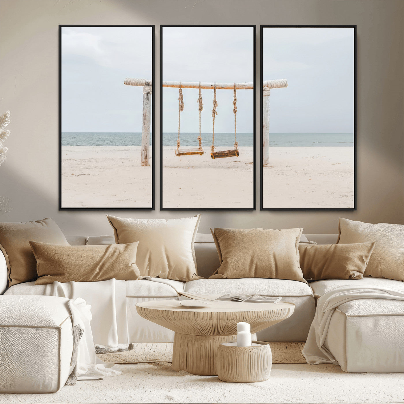 68327283-MGV-CV-36X24-Beach Swing Wall Art Canvas Print, Framed Quiet Beach Art Picture Print, Calm Shoreline Perfect Bohemian Coastal Decor Artwork