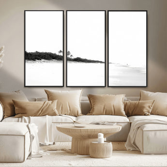29611516-MGV-FC-48X32-3P_Black-Black White Beach Wall Art Canvas Print, Framed Palm Trees Art Picture Print, Monochrome Tropical Perfect Minimalist Coastal Decor