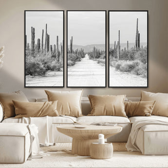 35537313-MGV-CV-36X24-Monochrome Desert Wall Art Canvas Print, Framed Cactus Path Art Picture Print, Southwestern Landscape Perfect Southwestern