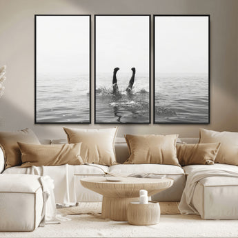 26667396-MGV-CV-36X24-Black White Ocean Wall Art Canvas Print, Framed Monochrome Water Art Picture Print, Diving into Water Perfect Minimalist Aquatic