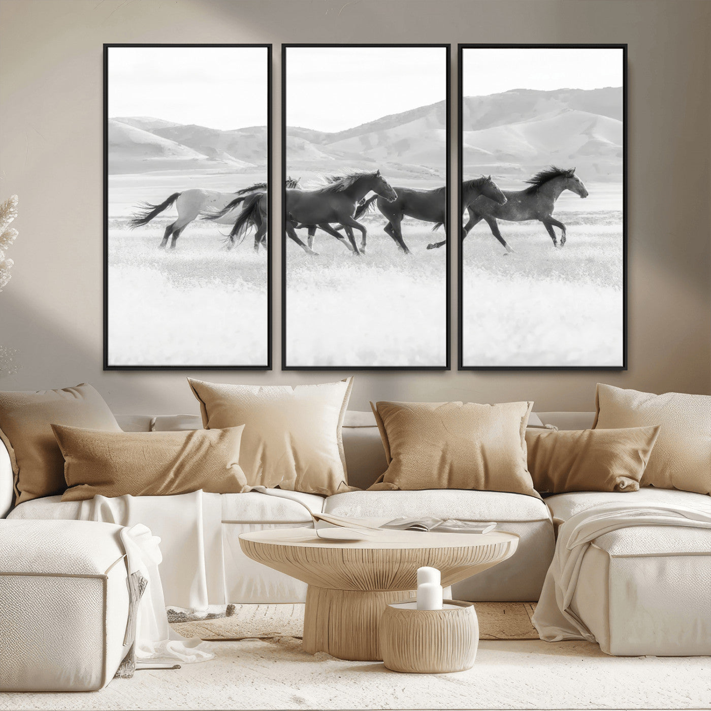 69934913-MGV-FC-48X32-3P_Black-Wild Horses Running Wall Art Canvas Print, Framed Black White Mustangs Art Picture Print, Rustic Western Perfect Rustic Western