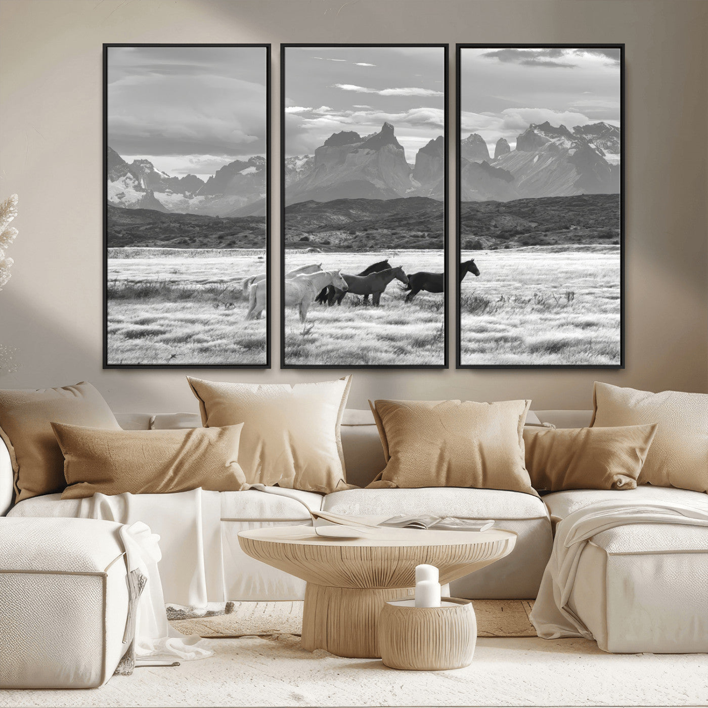 21655040-MGV-FC-48X32-3P_Black-Wild Horses Wall Art Canvas Print, Framed Black White Mountains Art Picture Print, Rustic Countryside Perfect Rustic Western Decor