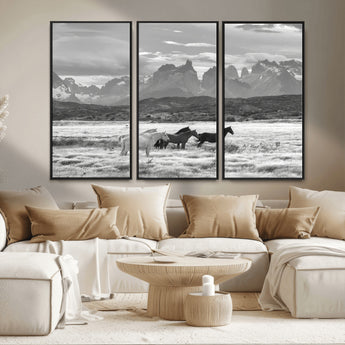 21655040-MGV-FC-48X32-3P_Black-Wild Horses Wall Art Canvas Print, Framed Black White Mountains Art Picture Print, Rustic Countryside Perfect Rustic Western Decor