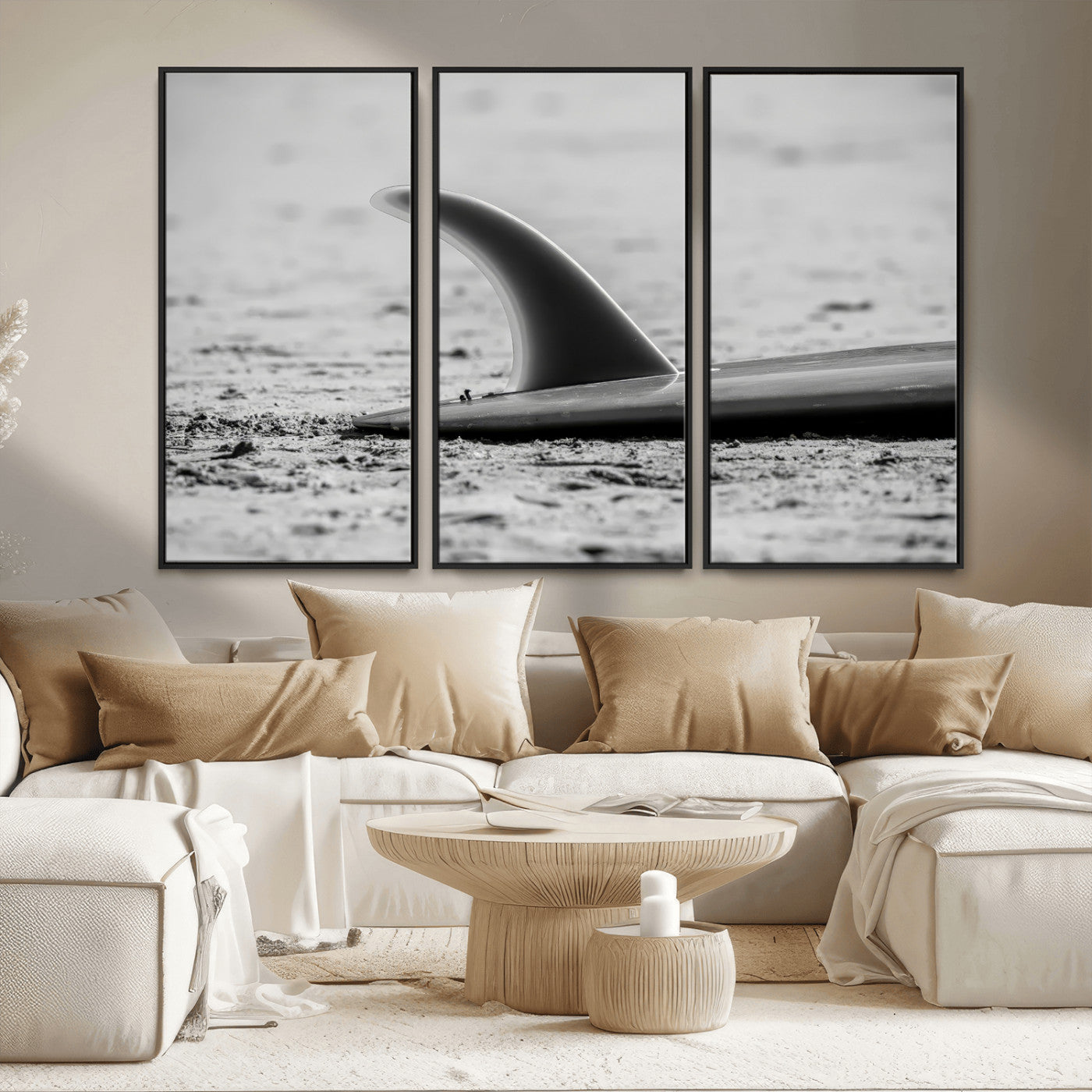 62314230-MGV-CV-36X24-Black White Surfboard Wall Art Canvas Print, Framed Minimalist Beach Art Picture Print, Surf Fin Perfect Minimalist Coastal Decor