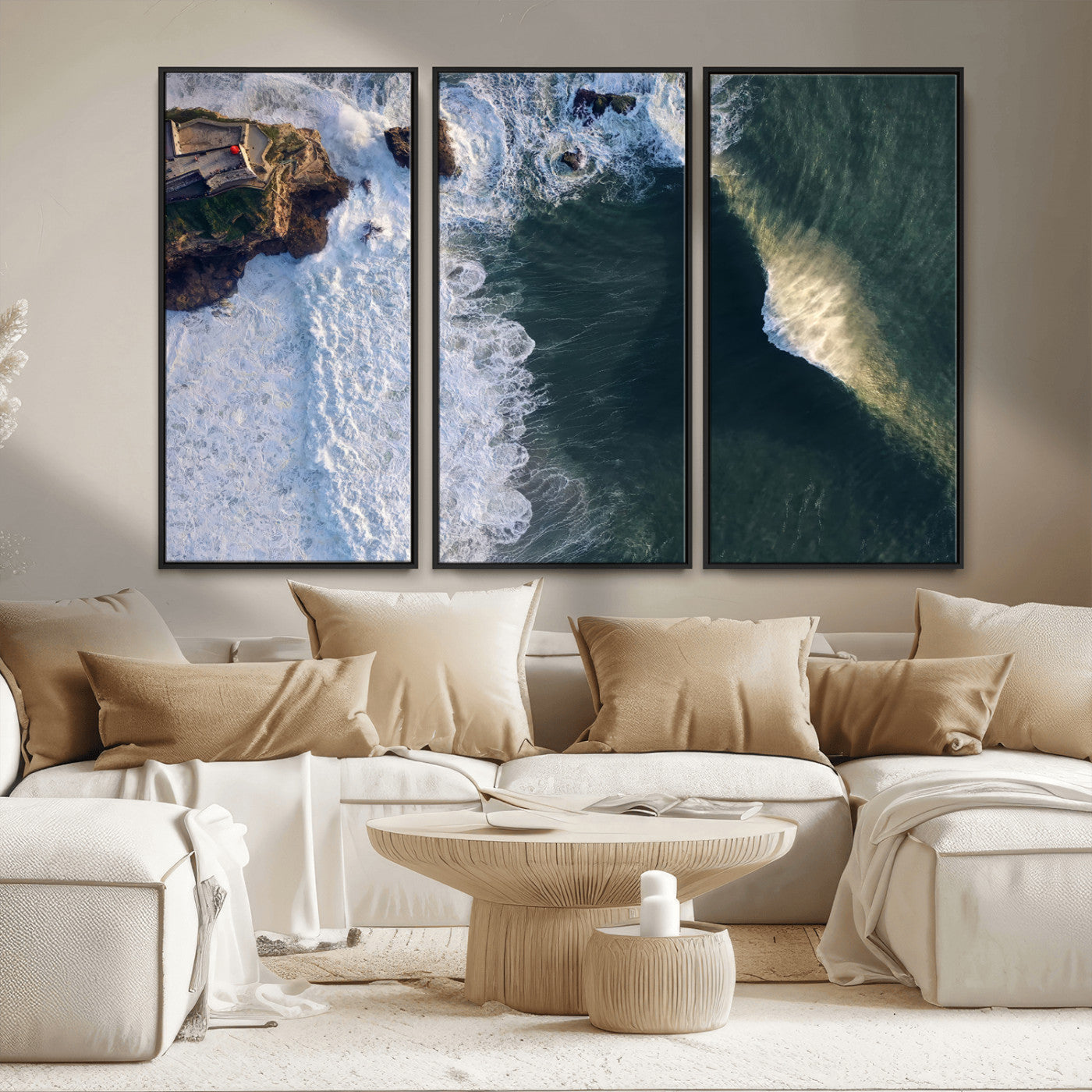 37405684-MGV-FC-48X32-3P_Black-Nazaré Coast Wall Art Canvas Print, Framed Aerial Ocean Art Picture Print, Coastal Fortress Perfect Dramatic Coastal Decor Artwork