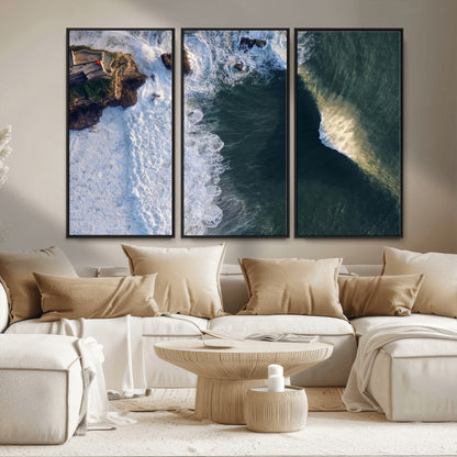 37405684-MGV-FC-48X32-3P_Black-Nazaré Coast Wall Art Canvas Print, Framed Aerial Ocean Art Picture Print, Coastal Fortress Perfect Dramatic Coastal Decor Artwork