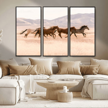 83644685-MGV-FC-48X32-3P_Black-Wild Horse Art Wall Art Canvas Print, Framed Rustic Western Art Picture Print, Desert Horse Scene Perfect Rustic Western Decor