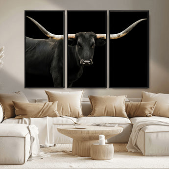 99448328-MGV-FC-48X32-3P_Black-Longhorn Cattle Wall Art Canvas Print, Framed Texas Ranch Art Picture Print, Western Cow Perfect Farmhouse Decor Artwork
