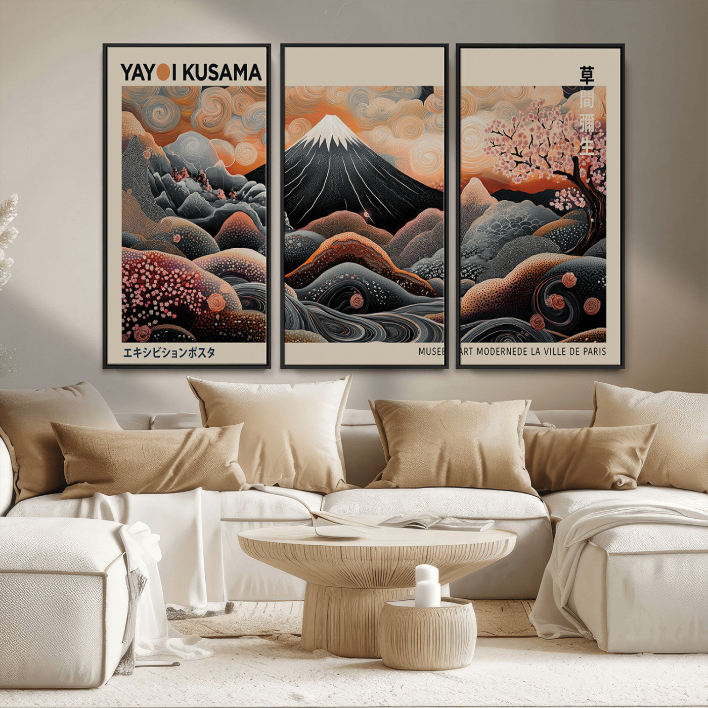 55739266-MGV-CV-36X24-Japanese Wall Art Print – Abstract Yayoi Kusama Inspired Dotted Landscape Poster, Surreal Oriental Mountain and Cherry Blossom