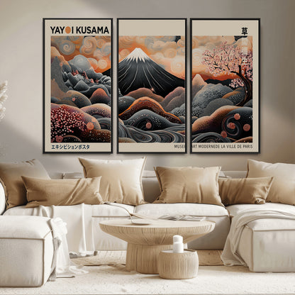 55739266-MGV-CV-36X24-Japanese Wall Art Print – Abstract Yayoi Kusama Inspired Dotted Landscape Poster, Surreal Oriental Mountain and Cherry Blossom