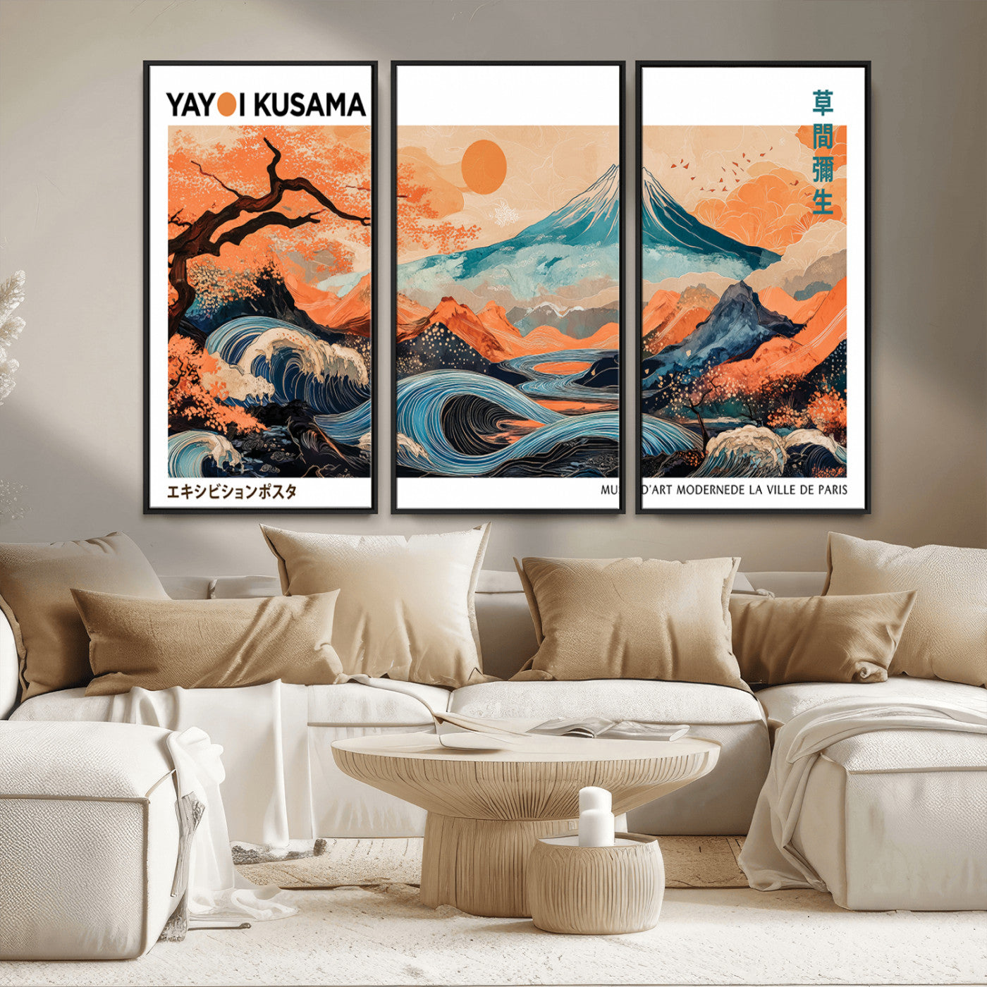 88785870-MGV-CV-36X24-Japanese Great Wave & Mt Fuji Wall Art – Ukiyo e Style Landscape Print with Flowing River, Autumn Mountain Poster, Oriental Asian