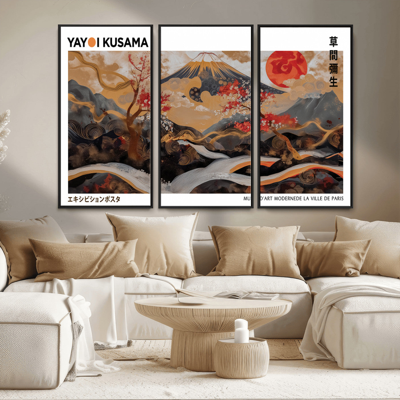 40959107-MGV-CV-36X24-Japanese Fuji Wall Art Print – Red Sun & Cherry Blossom Poster, Gold Wave Ukiyo-e Inspired Modern Japan Landscape Painting,
