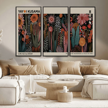 28344895-MGV-FC-48X32-3P_Black-Dark Floral Abstract Wall Art Poster – Modern Botanical Canvas Print with Beige Border, Kusama Inspired Boho Flower Painting,