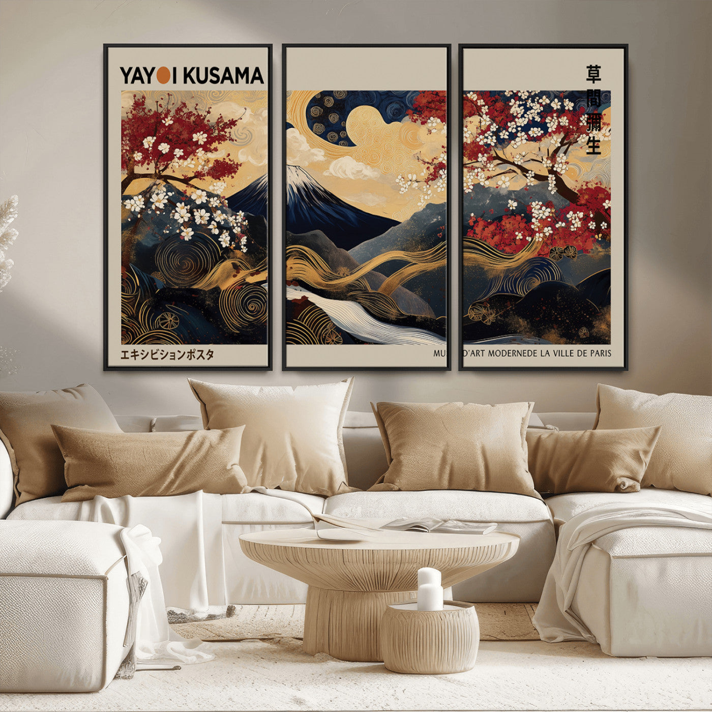 54967195-MGV-CV-36X24-Mount Fuji Wall Art – Japanese Cherry Blossom Abstract Canvas Print, Navy Gold Landscape Painting, Oriental Luxury Home Decor
