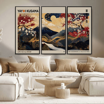 54967195-MGV-CV-36X24-Mount Fuji Wall Art – Japanese Cherry Blossom Abstract Canvas Print, Navy Gold Landscape Painting, Oriental Luxury Home Decor