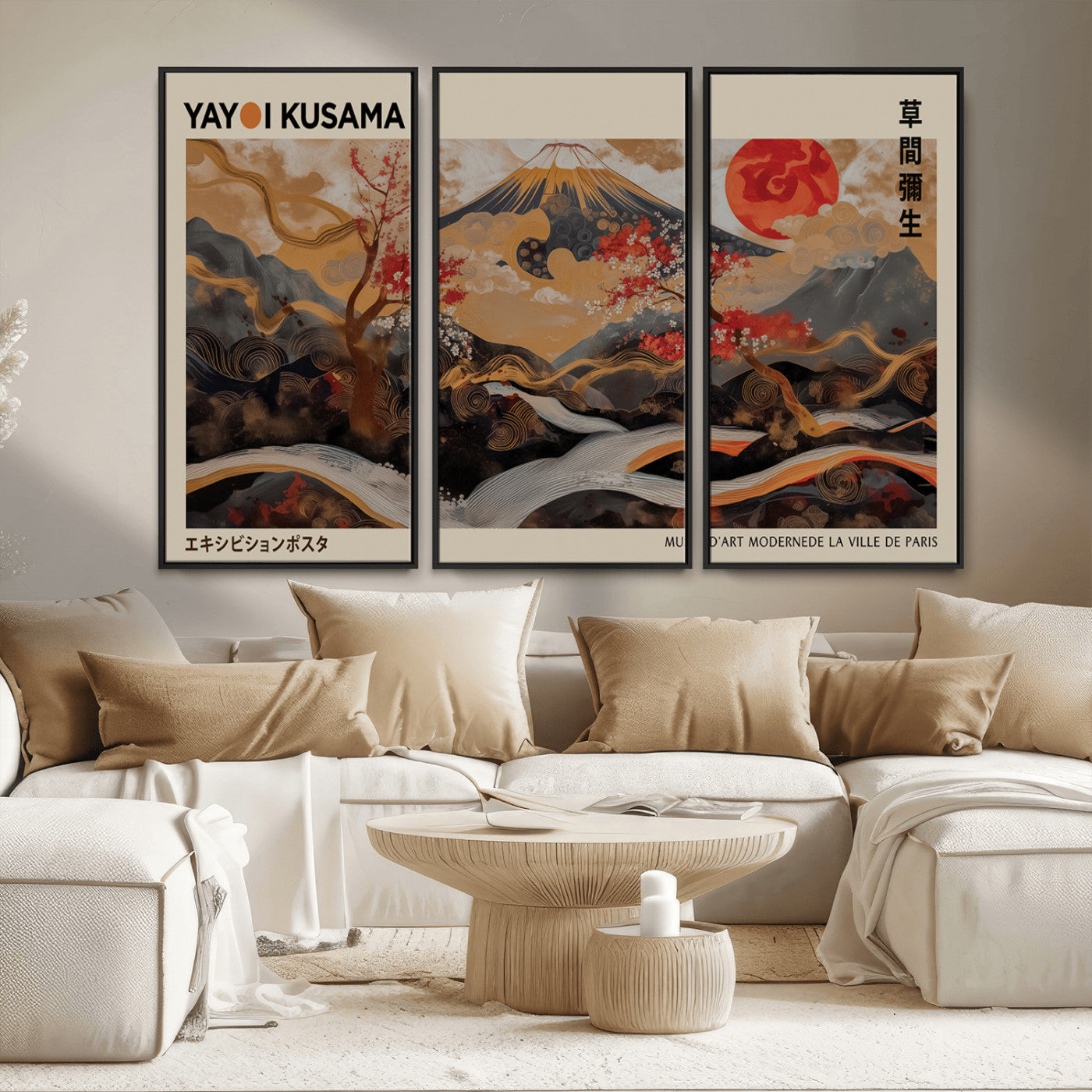 77970791-MGV-CV-36X24-Mount Fuji Golden Abstract Wall Art – Japanese Landscape Canvas Poster, Cherry Blossom & Red Sun Painting, Elegant Zen Oriental