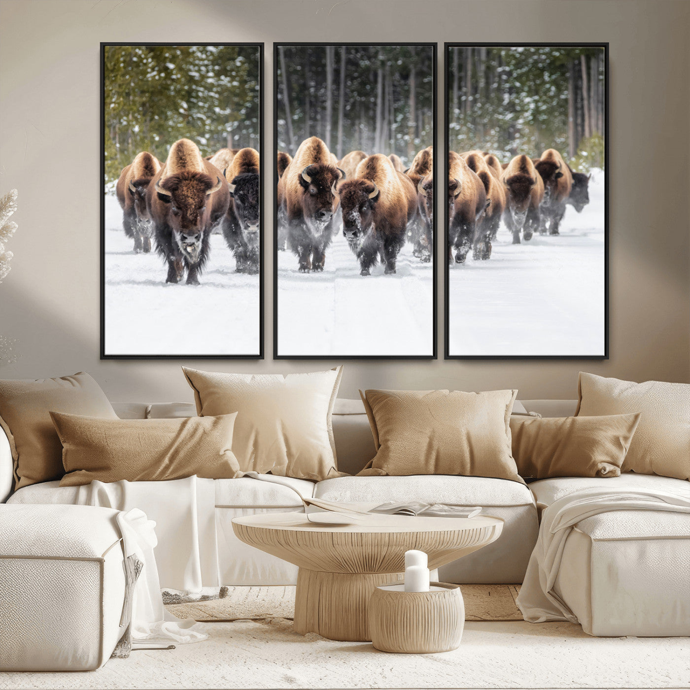 22695857-MGV-CV-36X24-Bison Herd Scene Wall Art Canvas Print, Framed Western Wildlife Art Picture Print, Rustic Animal Art Perfect Rustic Lodge Decor