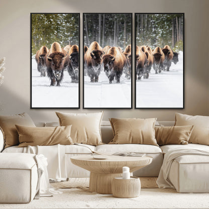22695857-MGV-CV-36X24-Bison Herd Scene Wall Art Canvas Print, Framed Western Wildlife Art Picture Print, Rustic Animal Art Perfect Rustic Lodge Decor