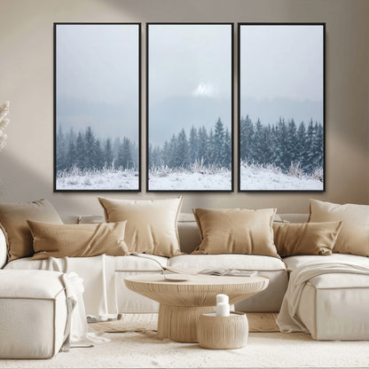 33033082-MGV-CV-36X24-Winter Forest Art Wall Art Canvas Print, Framed Snowy Landscape Art Picture Print, Misty Tree Scene Perfect Nordic Minimalist