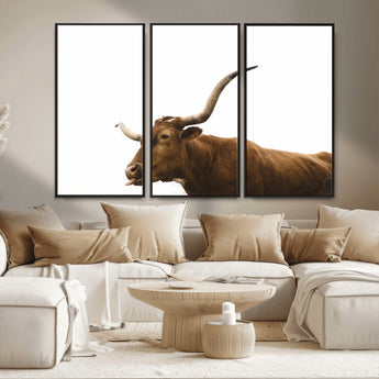 62566114-MGV-CV-36X24-Longhorn Cow Art Wall Art Canvas Print, Framed Rustic Animal Decor Art Picture Print, Texas Bull Photo Perfect Rustic Farmhouse