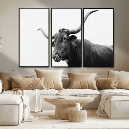 99244177-MGV-CV-36X24-Longhorn Photography Wall Art Canvas Print, Framed Western Cow Decor Art Picture Print, Black White Bull Perfect Modern Rustic