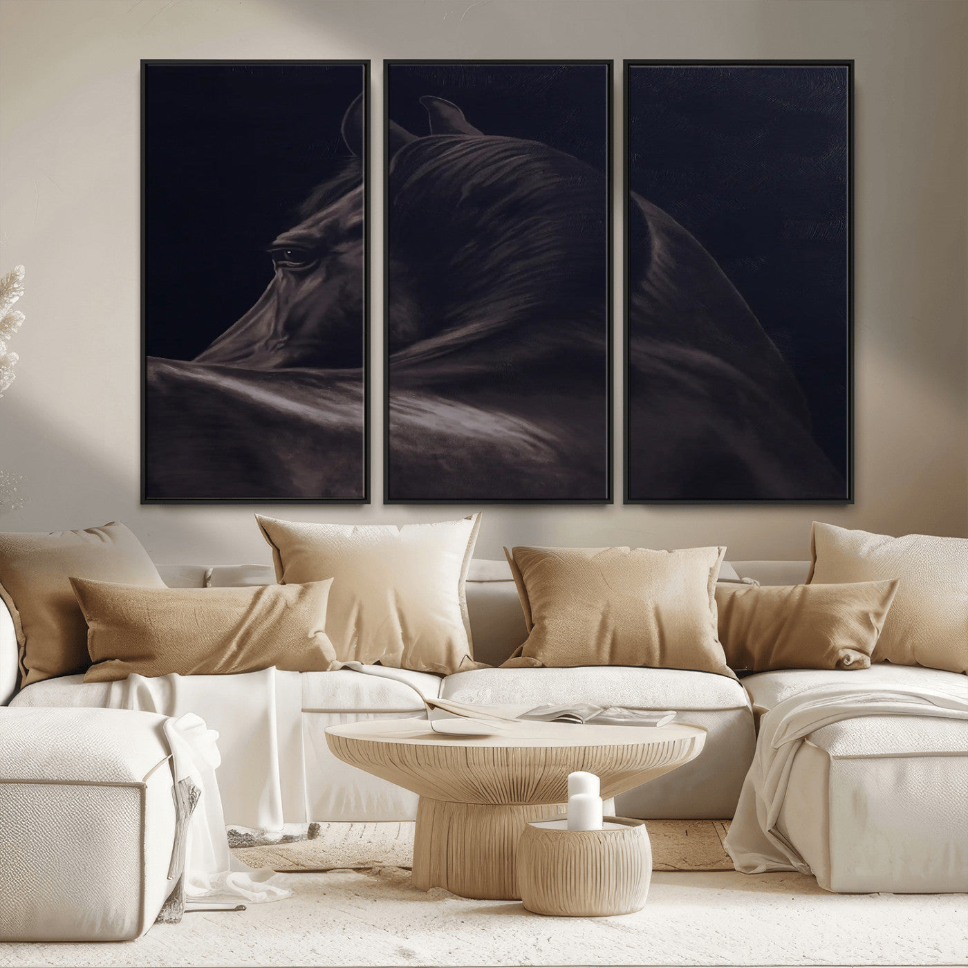 67026880-MGV-CV-36X24-Black Horse Portrait Wall Art Canvas Print, Framed Moody Horse Decor Art Picture Print, Equestrian Wall Style Perfect Masculine